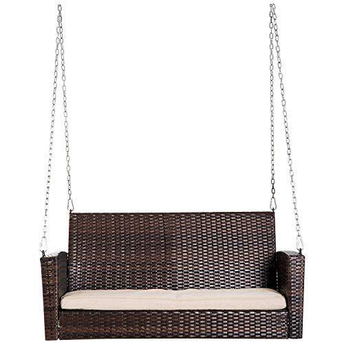 Weather Resistant Hanging Wicker Porch Swing Chair with Cushion