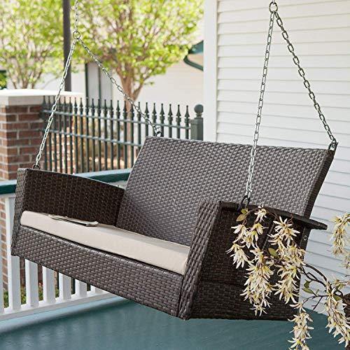 Weather Resistant Hanging Wicker Porch Swing Chair with Cushion - Image 4