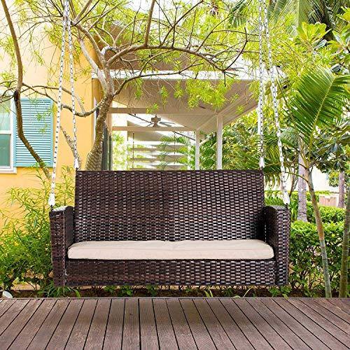 Weather Resistant Hanging Wicker Porch Swing Chair with Cushion - Image 6