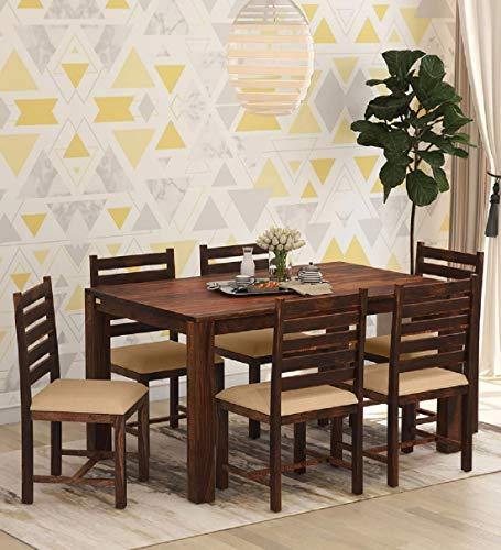 Solid Wooden 6 Seater Dining Table with 6 Chairs: Teak Finish