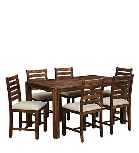 Solid Wooden 6 Seater Dining Table with 6 Chairs: Teak Finish - Image 5