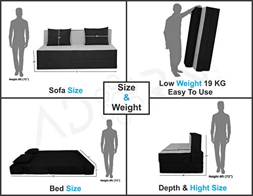 Adorn india Easy Three Seater Sofa Cum Bed (2 Years Warrenty Quality Foam)-Perfect for Seat & Sleep Washeble Polyster Fabric Cover (Black & Grey) 6'x6'.Pillows Free - Image 4