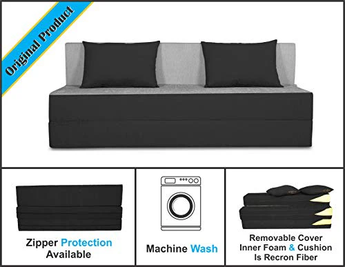 Adorn india Easy Three Seater Sofa Cum Bed (2 Years Warrenty Quality Foam)-Perfect for Seat & Sleep Washeble Polyster Fabric Cover (Black & Grey) 6'x6'.Pillows Free - Image 5