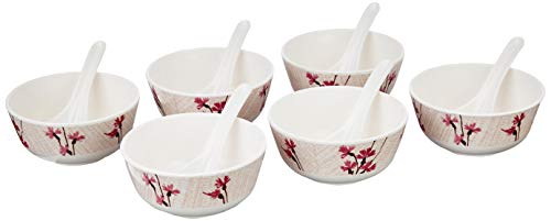 Amazon Brand - Solimo Classico Set of 6 Melamine soup bowls with spoons (11.5 cm)