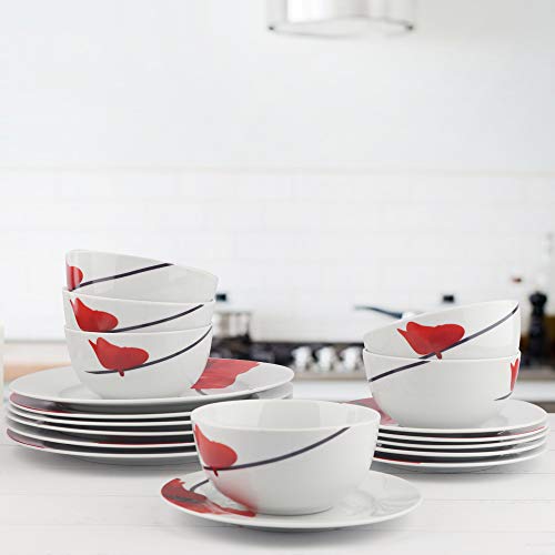 AmazonBasics 18-Piece Kitchen Porcelain Dinnerware Set, Dishes, Bowls, Service for 6, Poppy - Image 5