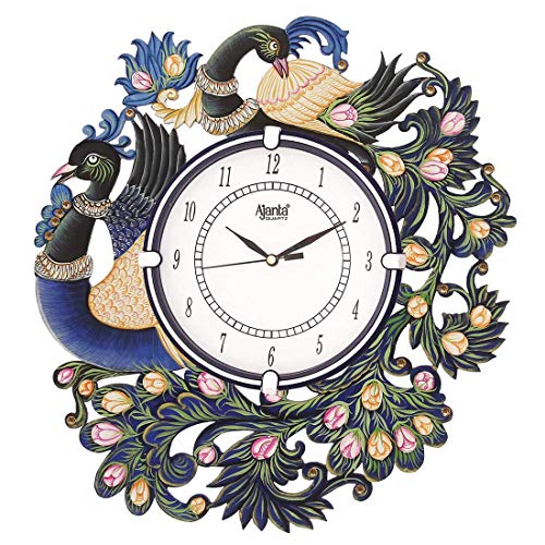 asian multistore hub Stylish Ajanta Wall Clock for Home Living Room Office Bedroom Decor (Royal Peacock Design, 12x12 Inch, Wooden, Blue White)