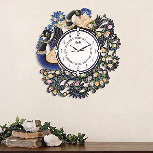 asian multistore hub Stylish Ajanta Wall Clock for Home Living Room Office Bedroom Decor (Royal Peacock Design, 12x12 Inch, Wooden, Blue White) - Image 2
