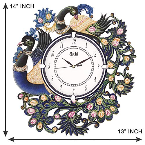 asian multistore hub Stylish Ajanta Wall Clock for Home Living Room Office Bedroom Decor (Royal Peacock Design, 12x12 Inch, Wooden, Blue White) - Image 3