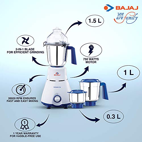 Bajaj Typhoon 750-Watt Mixer Grinder with 3 Jars (White/Turquoise) - Image 6