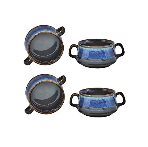 Caffeine Ceramic Handmade Multi Color Double Handled Soup Bowl with Spoon (Set of 4)