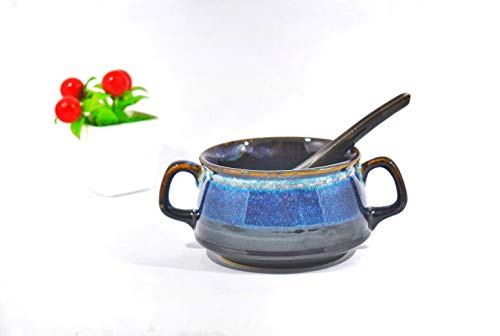 Caffeine Ceramic Handmade Multi Color Double Handled Soup Bowl with Spoon (Set of 4) - Image 4