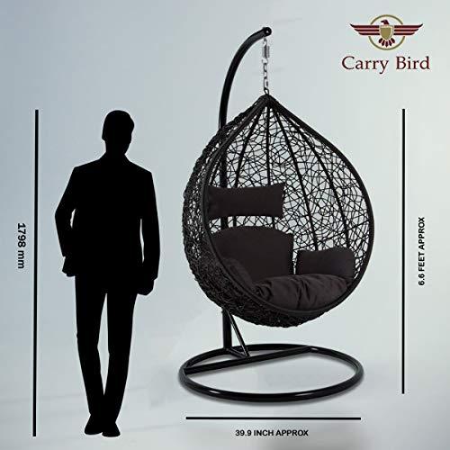 Carry Bird Furniture Metal; Rattan and Wicker Cocoon Ball Basket Chair Hanging Swing with Tufted Outdoor Poly-Fibre Patio Seat Padded Cushion Pillow and Stand Hook; Standard; Black - Image 3