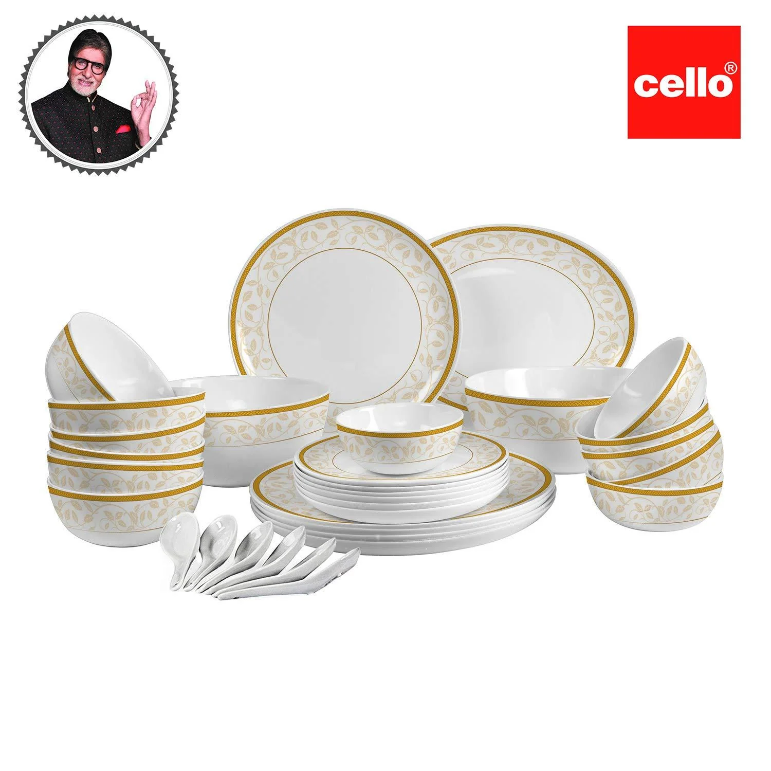 Cello Royal Amber Gold Opalware Dinner Set, 33 Pieces - Image 5