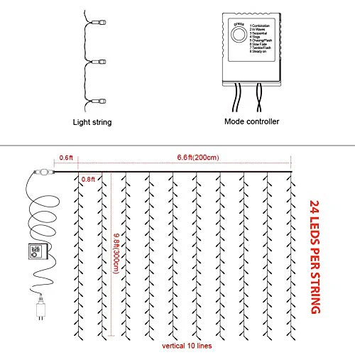 CITRA 240 LED 9.8Feet Curtain Lights Icicle Lights Fairy String Lights with 8 Modes for Wedding Party Family Patio Lawn Decoration - Cool White - Image 3