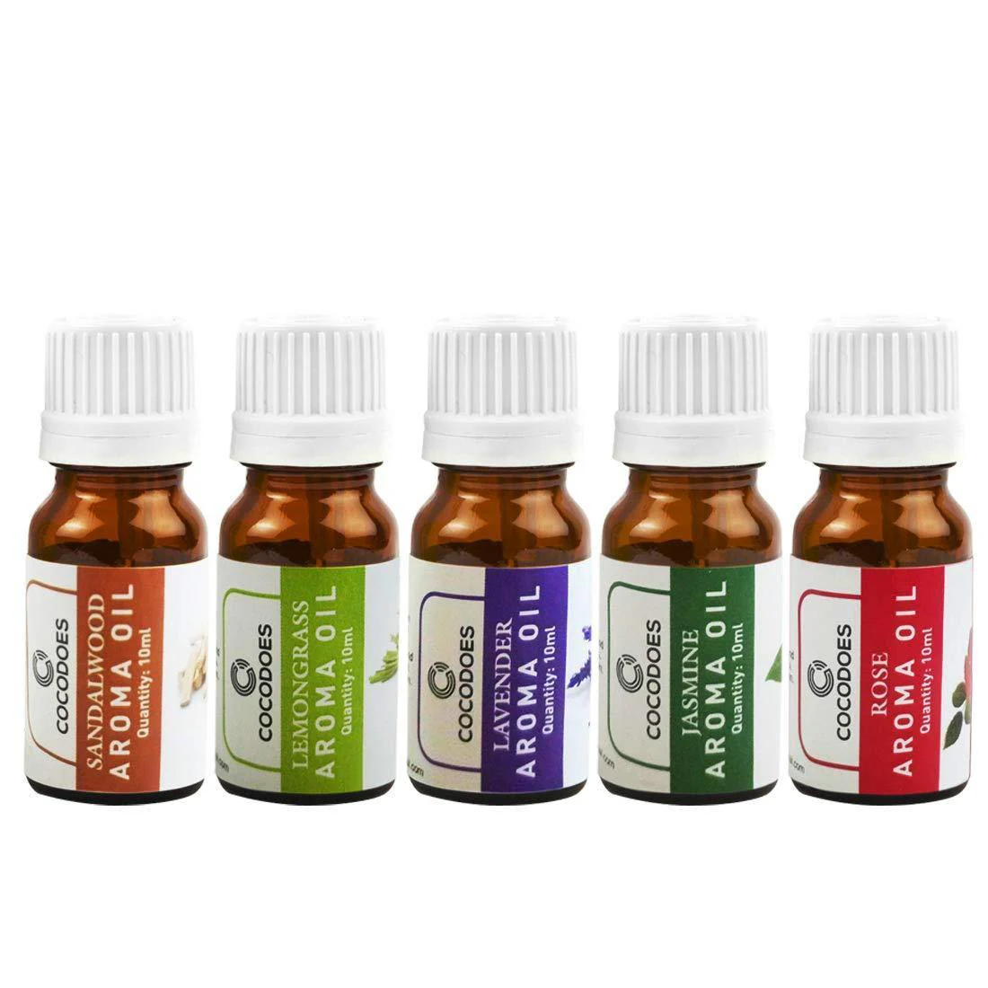 Cocodoes Aroma Oil Rose Lemon Grass Jasmine Lavender Sandalwood Glass Diffuser, 10ml (Multicolour, CD-AROMAOIL-5PC)