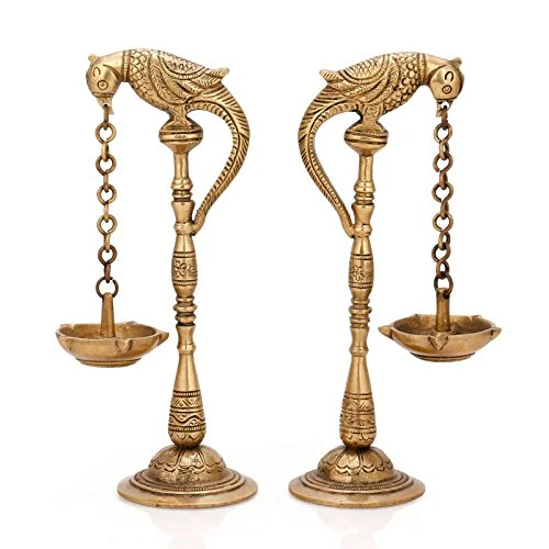 Collectible India Brass Pair of Bird Diya Oil Lamp Stand Holder, 6.5inch height x 3inch wide x 2inch Depth (Multicolor)