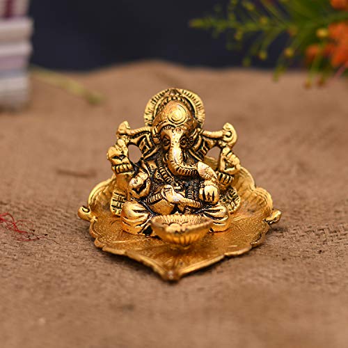 Collectible India Ganesh, Ganesha on Leaf - Ganesh with Diya - Lord Ganesha Metal Hand Craved for Home Decorative Gift Puja Diwali Gifts - Image 5