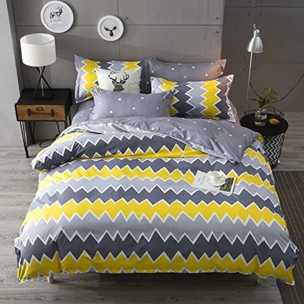 Cotton King Bedsheet with 2 Pillow Covers: Yellow and Grey