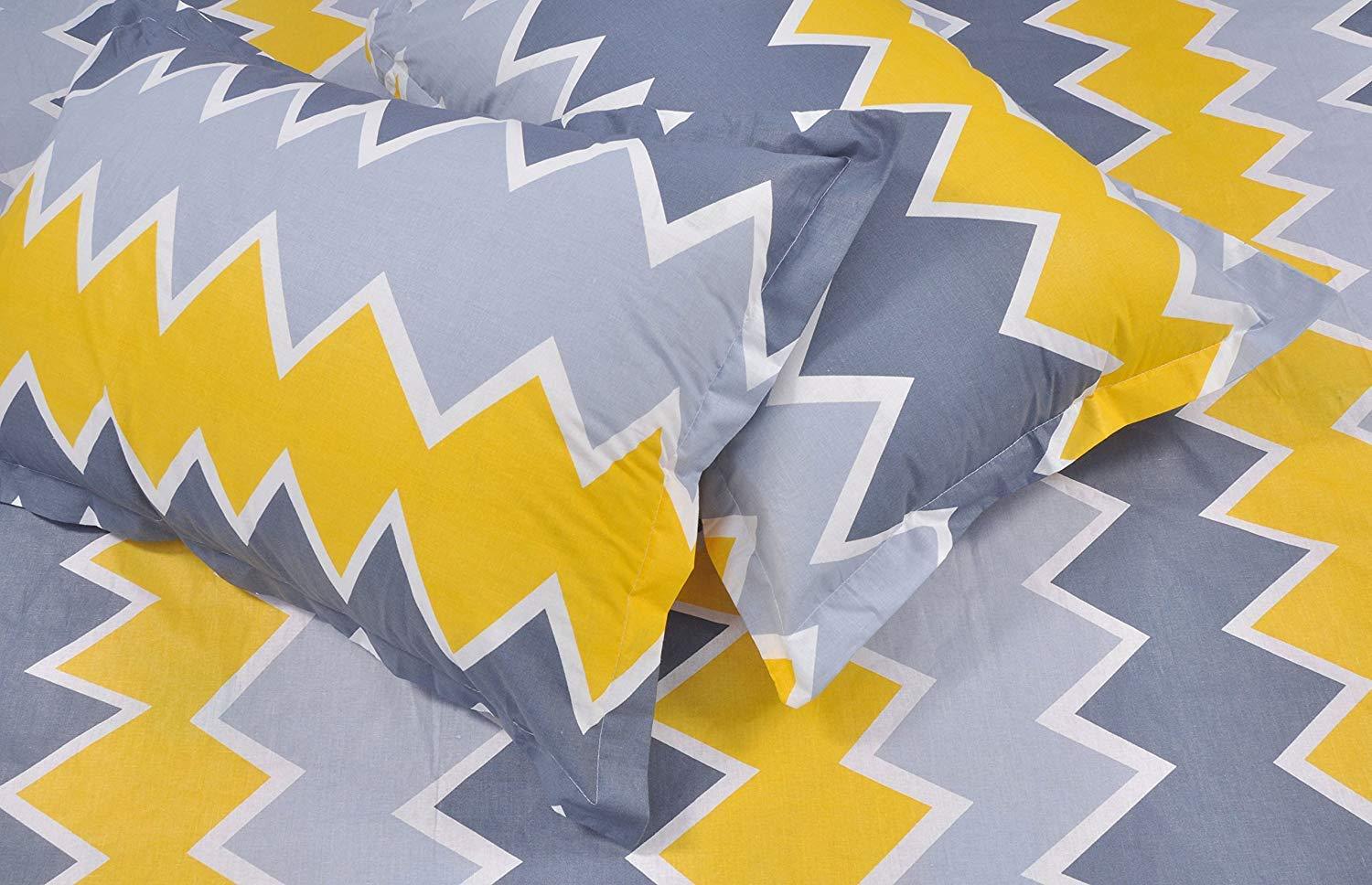 Cotton King Bedsheet with 2 Pillow Covers: Yellow and Grey - Image 4
