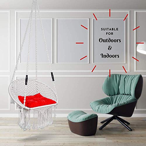 Curio Centre Make in India Round Premium Swing with Polyester Ropes & Mild Steel Frame for Adults & Kids/Indoor Outdoor Hanging Swing Chair with Cushion & Accessories (73 x 81 x 149 cm, White) - Image 5