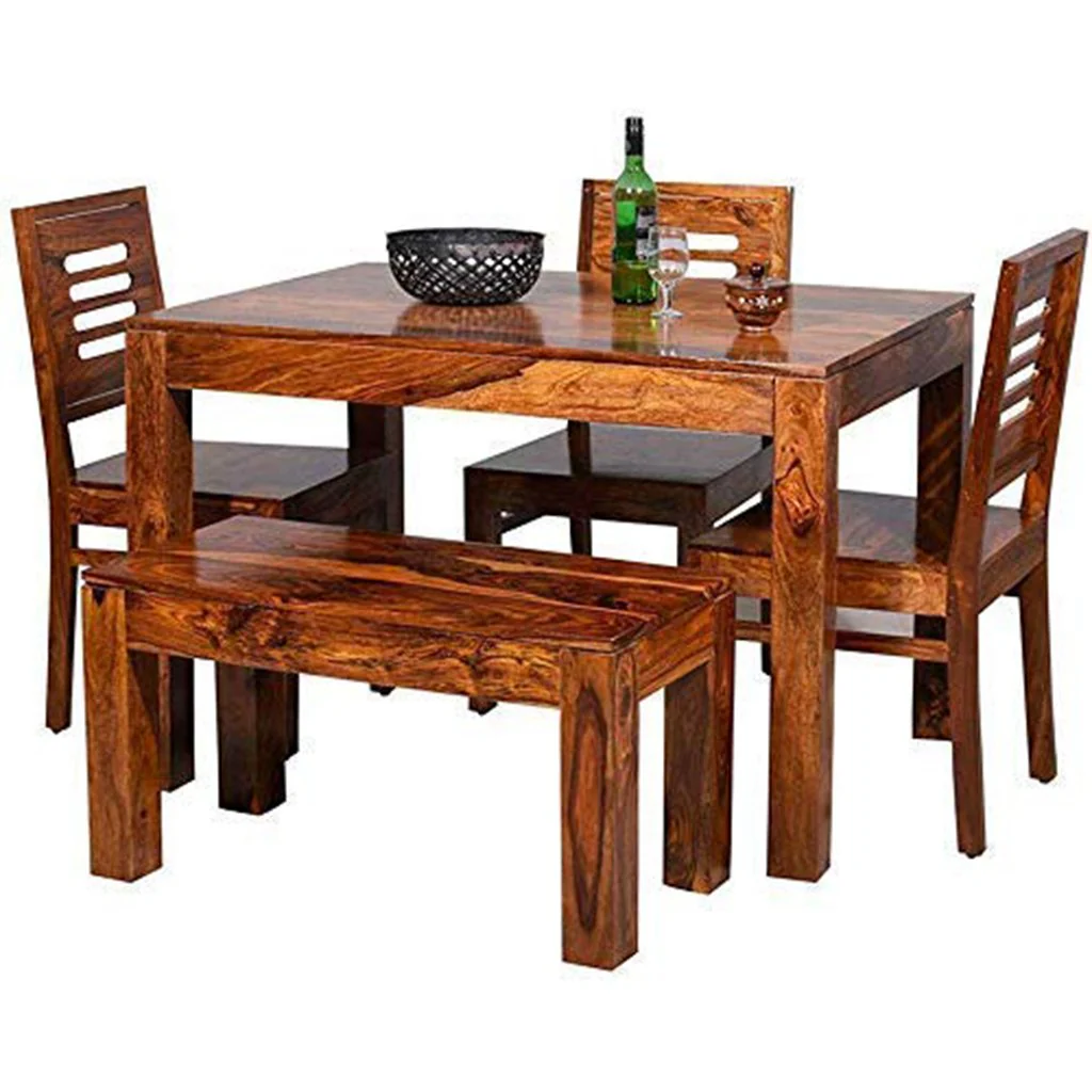 Solid Sheesham Wood Dining Table Set with 3 Chairs and 1 Bench | Honey Teak Brown