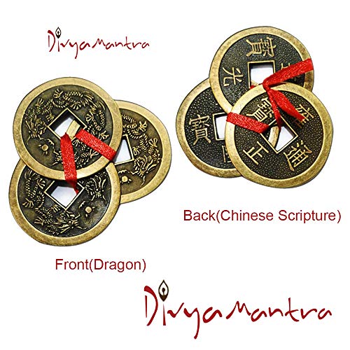 Divya Mantra Feng Shui Chinese Lucky Fortune I-Ching Dragon Coin Ornaments Wealth Charm Amulet 3 Bronze Metal Coins with Hole & Red Ribbon Knot for Good Money Luck, Decoration Charms Set of 3 – Copper - Image 4
