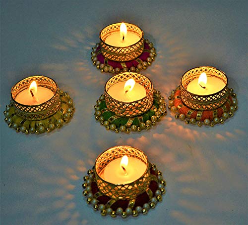 Diwali Decoration Tealight Candle Holders with Pearls, 5 Pcs Holders & 5 Tealight Candles Free/Made in India/Handcrafted/Great for Gifts, Navratri, Holi, Pooja/Festival Decoration Item (5 pcs + 5 Candles FREE)