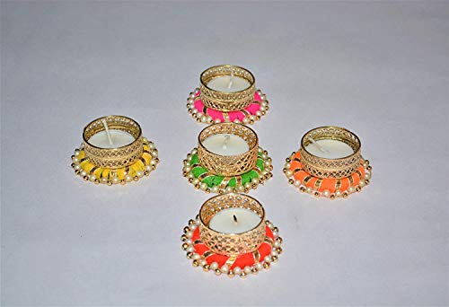 Diwali Decoration Tealight Candle Holders with Pearls, 5 Pcs Holders & 5 Tealight Candles Free/Made in India/Handcrafted/Great for Gifts, Navratri, Holi, Pooja/Festival Decoration Item (5 pcs + 5 Candles FREE) - Image 2