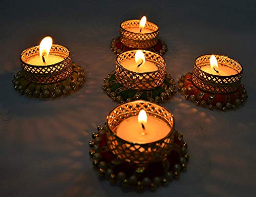 Diwali Decoration Tealight Candle Holders with Pearls, 5 Pcs Holders & 5 Tealight Candles Free/Made in India/Handcrafted/Great for Gifts, Navratri, Holi, Pooja/Festival Decoration Item (5 pcs + 5 Candles FREE) - Image 4