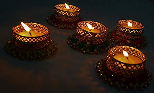 Diwali Decoration Tealight Candle Holders with Pearls, 5 Pcs Holders & 5 Tealight Candles Free/Made in India/Handcrafted/Great for Gifts, Navratri, Holi, Pooja/Festival Decoration Item (5 pcs + 5 Candles FREE) - Image 5