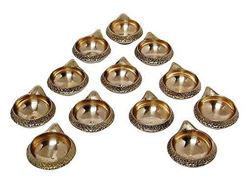 DXYZ 10 Pack Brass Gold Kuber Diya | Traditional Engraved Handmade Puja Diya for Deepavali | Oil Lamp for Diwali Decoration | Diwali Gifting (10)