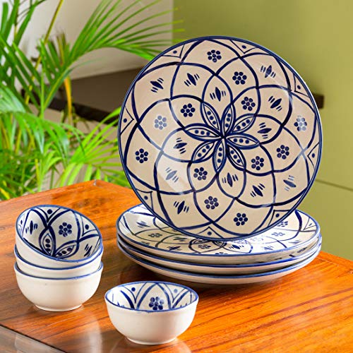 ExclusiveLane 'Moroccan Floral' Handpainted Ceramic Plates for Dinner Ceramic Dinner Plates with Katoris (8 Pieces, Serving for 4, Microwave Safe) - Dinner Sets Ceramic Bowls Set Dinnerware Sets