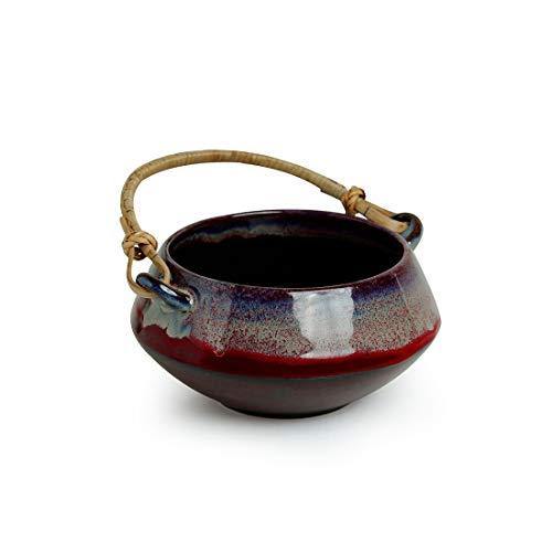 ExclusiveLane 'Sorcery Pot' Hand Glazed Ceramic Serving Biriyani & Vegetable Handi with Cane Handle (1150 ML) (Black, Crimson & Ombre Blue) - Image 3
