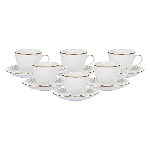 Femora Indian Ceramic Fine Bone China Gold Line Diamond Cut Dinnerware White Tea Cups, Mugs and Saucer-200 ml - Set of 6 (6 Cups, 6 Saucer) - Image 3