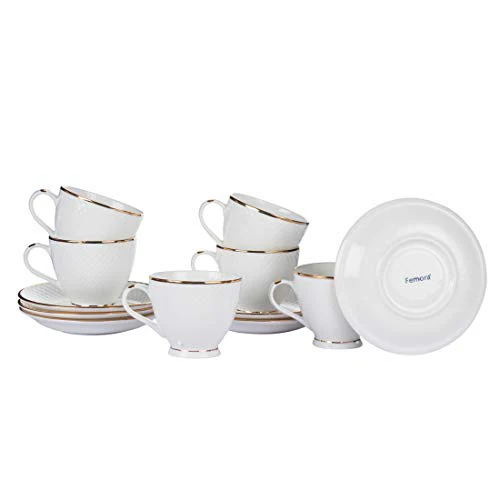 Femora Indian Ceramic Fine Bone China Gold Line Diamond Cut Dinnerware White Tea Cups, Mugs and Saucer-200 ml - Set of 6 (6 Cups, 6 Saucer) - Image 4