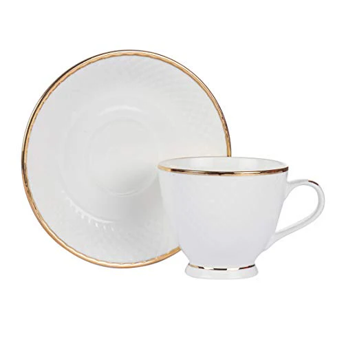 Femora Indian Ceramic Fine Bone China Gold Line Diamond Cut Dinnerware White Tea Cups, Mugs and Saucer-200 ml - Set of 6 (6 Cups, 6 Saucer) - Image 5
