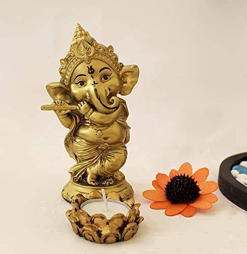 Ganesha Statue Playing Bansuri with Wooden Flower Tealight Candle - Image 4