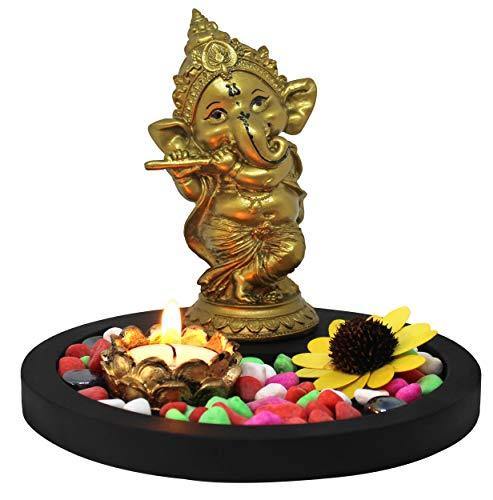 Ganesha Statue Playing Bansuri with Wooden Flower Tealight Candle - Image 5