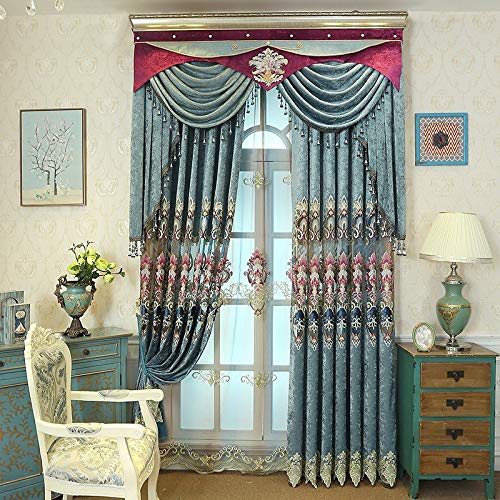 Generic Blue Brown Europe Luxury Villa Valance Curtains for Living Room Bedroom Window Embroidered Tulle Curtains Drapes Decoration: Blue Curtains, 1Pc W450Cmxh250Cm, Rod Pocket - Image 3