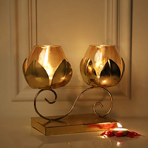 Gliteri Gallery Twin Lotus Metal Golden Crackle Glass Tea Light Candle Holder for Home Decoration Living Room Central Table Side Table Gifts Diwali (Height 8 inch X Length 10 inch)
