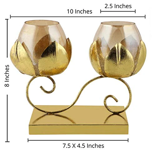 Gliteri Gallery Twin Lotus Metal Golden Crackle Glass Tea Light Candle Holder for Home Decoration Living Room Central Table Side Table Gifts Diwali (Height 8 inch X Length 10 inch) - Image 2