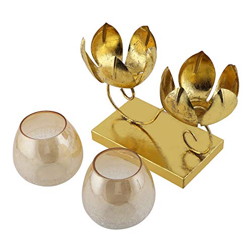 Gliteri Gallery Twin Lotus Metal Golden Crackle Glass Tea Light Candle Holder for Home Decoration Living Room Central Table Side Table Gifts Diwali (Height 8 inch X Length 10 inch) - Image 3
