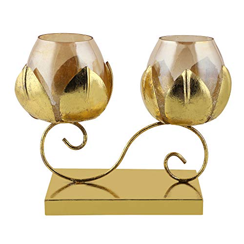 Gliteri Gallery Twin Lotus Metal Golden Crackle Glass Tea Light Candle Holder for Home Decoration Living Room Central Table Side Table Gifts Diwali (Height 8 inch X Length 10 inch) - Image 5