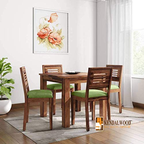 Hariom Handicraft KendalWood Furniture Sheesham Wood Natural Teak Finish 4 Seater Dining Table Set with Chairs and Green Cushion - Image 4