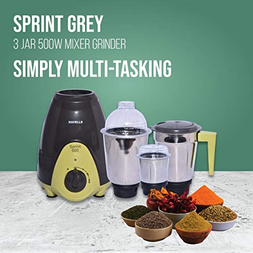Havells Sprint Mixer Grinder, 500W, 3 Jars (Grey/ Green) - Image 8
