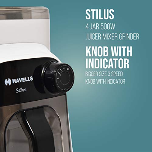Havells Stilus 500 Watt Juicer Mixer Grinder with 4 jar (White/Black) - Image 3