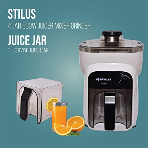 Havells Stilus 500 Watt Juicer Mixer Grinder with 4 jar (White/Black) - Image 5