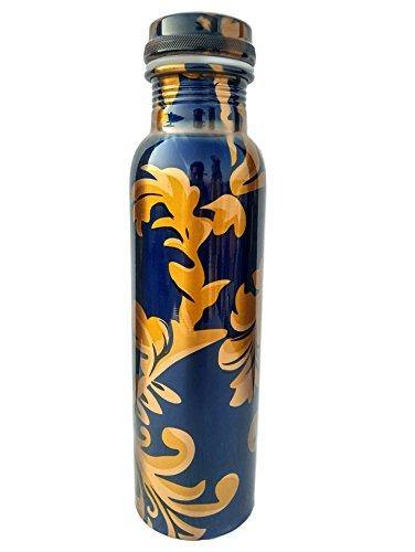 Heaven Decor 100% Pure Printed Copper Water Bottle outside Lacquer Coated Joint Free & Leak Proof ,Travelling Purpose,Tamba Water Bottle For Office, For Home And For School Good for Health Benefits,Best Gift (Pack Of 1, Blue)