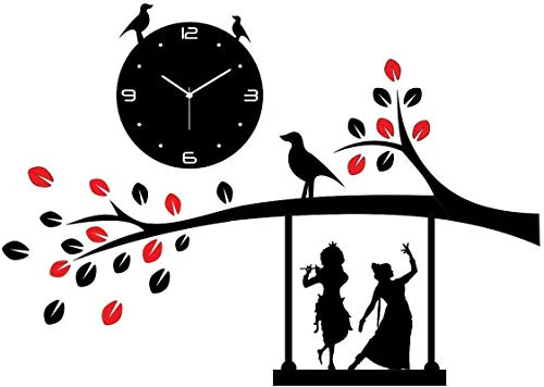 HOME SKILL 3D Acrylic Wall Clock Tree Bird Coffee Cup On Jhula Design for Living Room, Bedroom Wall, Home and Office - Pink Black