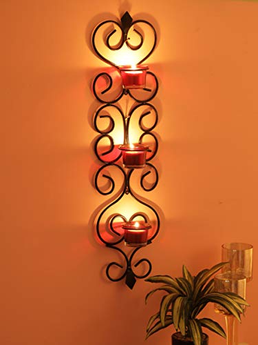 Home Sparkle Decorative Wall Sconce Tealight Candle Holder | Wall Hanging Tealight Candle Holder for Home Decor Balcony Decor with 3 Glass Cup (Black)